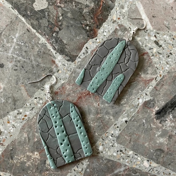 Handmade Clay Earrings | Large Arch | Cactus and Stone Wall | Hook Backs - Picture 1 of 5